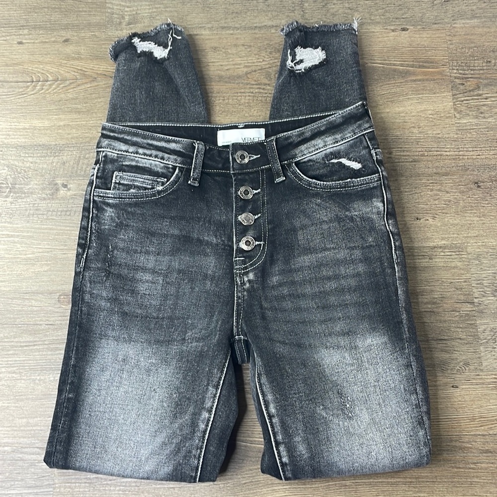 VERVET Womens Gray Wash Distressed, Raw Hem Stretch, button fly Jeans Sz 25